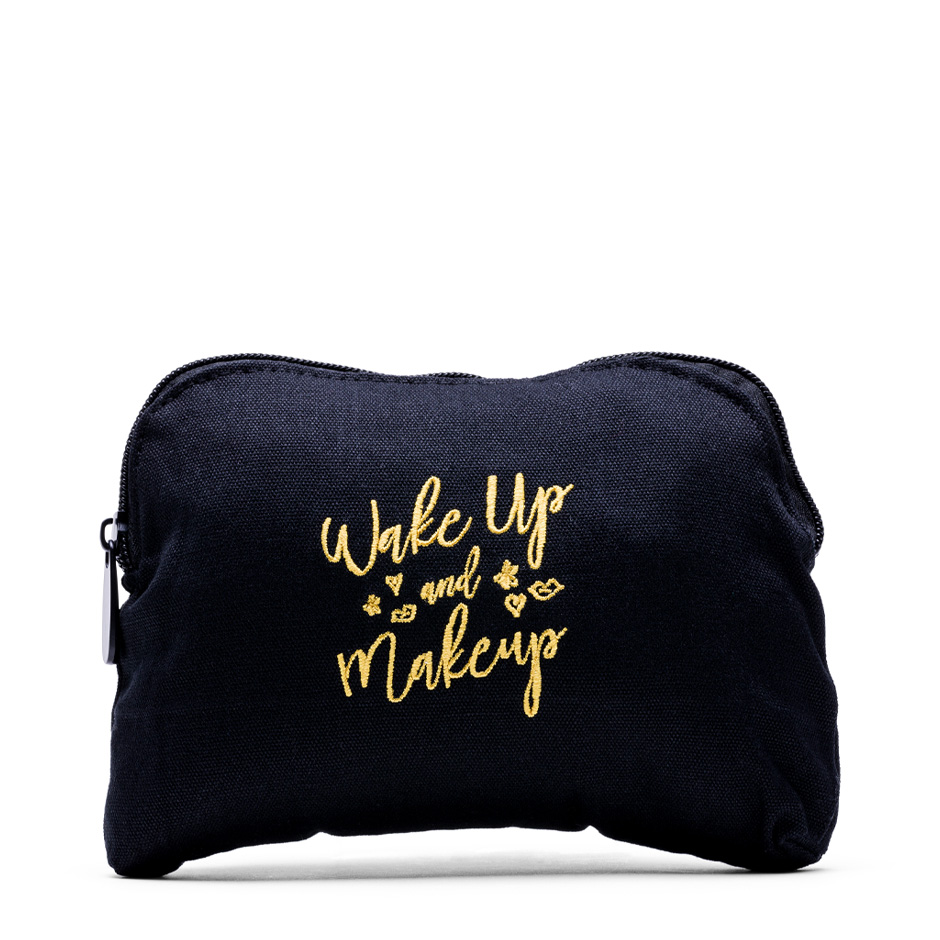 Wake Up To Make Up Cosmetics bag. Back design says "Wake Up and Makeup" in yellow